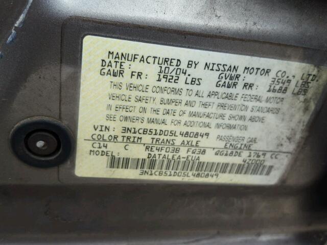 3N1CB51D05L480849 - 2005 NISSAN SENTRA 1.8 GRAY photo 10