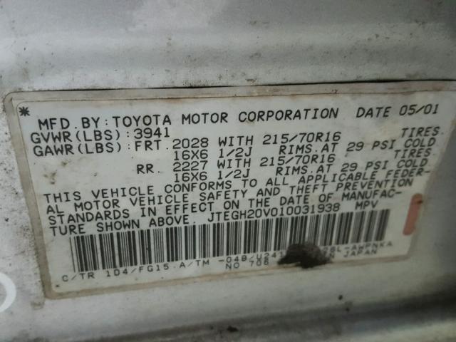 JTEGH20V010031938 - 2001 TOYOTA RAV4 SILVER photo 10