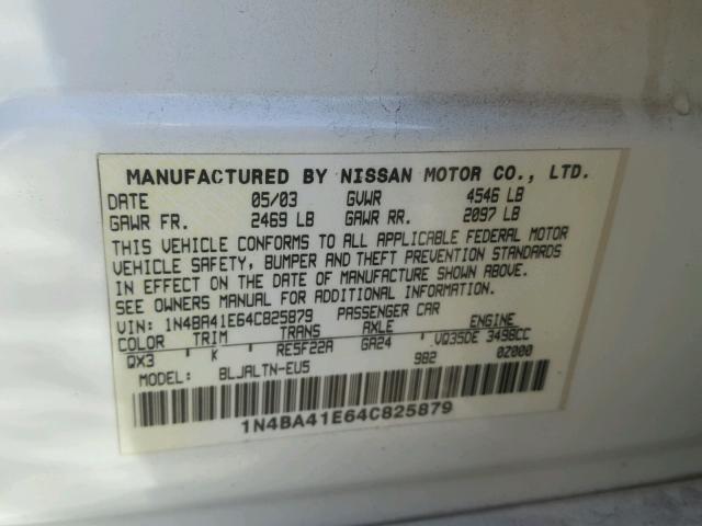 1N4BA41E64C825879 - 2004 NISSAN MAXIMA SE WHITE photo 10