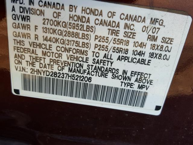 2HNYD28237H521206 - 2007 ACURA MDX MAROON photo 10