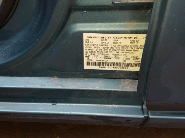 1N4AL11D12C203540 - 2002 NISSAN ALTIMA BAS GREEN photo 10