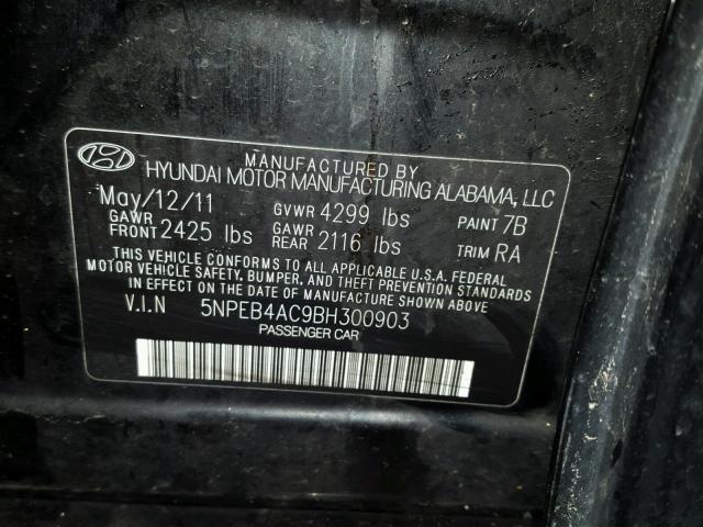 5NPEB4AC9BH300903 - 2011 HYUNDAI SONATA GLS BLACK photo 10