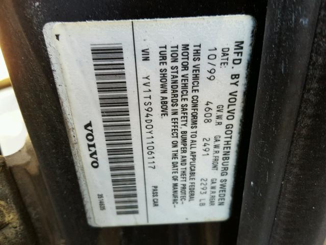 YV1TS94D0Y1106117 - 2000 VOLVO S80 BLACK photo 10