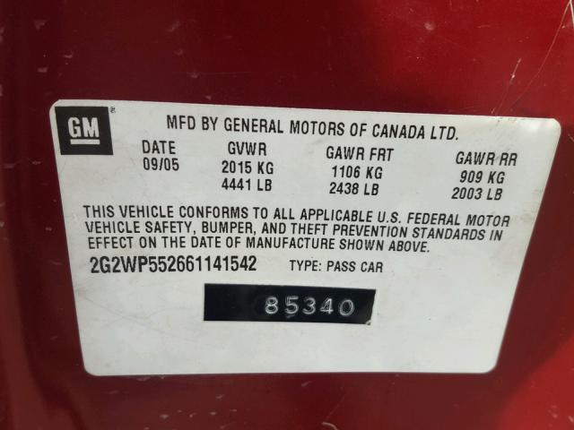 2G2WP552661141542 - 2006 PONTIAC GRAND PRIX RED photo 10
