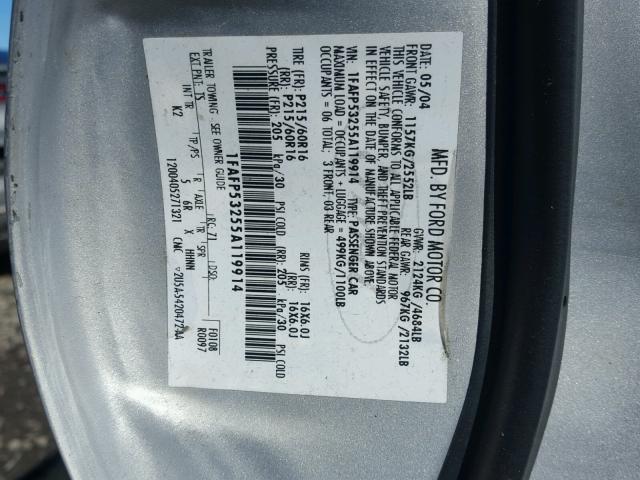 1FAFP53255A119914 - 2005 FORD TAURUS SE GRAY photo 10