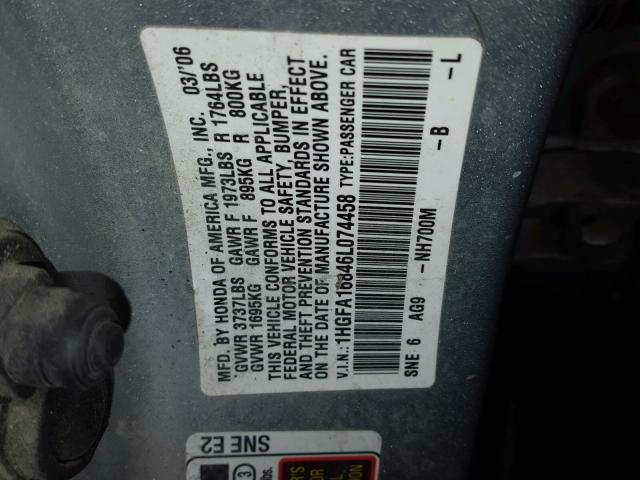 1HGFA16846L074458 - 2006 HONDA CIVIC EX ვერცხლისფერი ფოტო 10