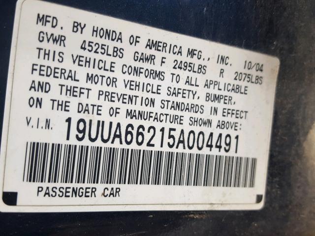 19UUA66215A004491 - 2005 ACURA TL BLUE photo 10