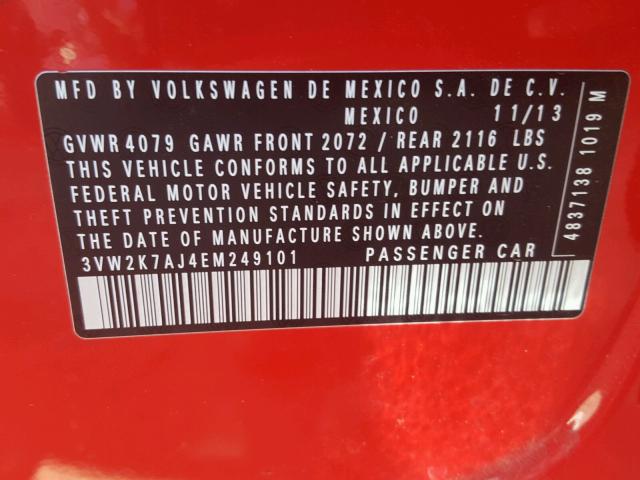 3VW2K7AJ4EM249101 - 2014 VOLKSWAGEN JETTA BASE 红色 照片 10