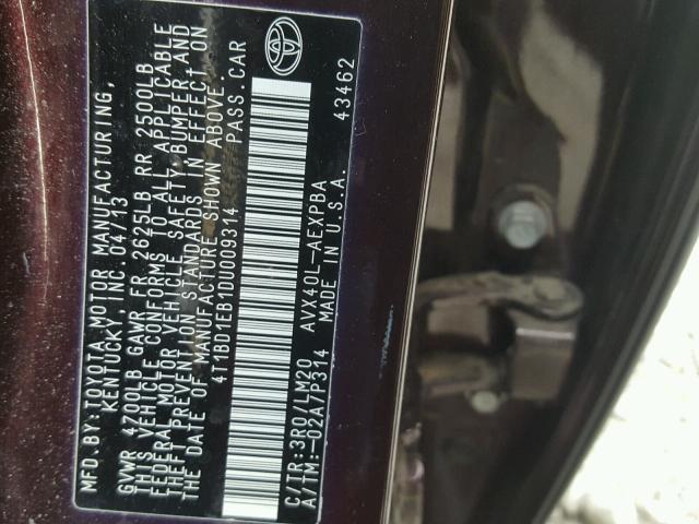 4T1BD1EB1DU009314 - 2013 TOYOTA AVALON HYB PURPLE photo 10