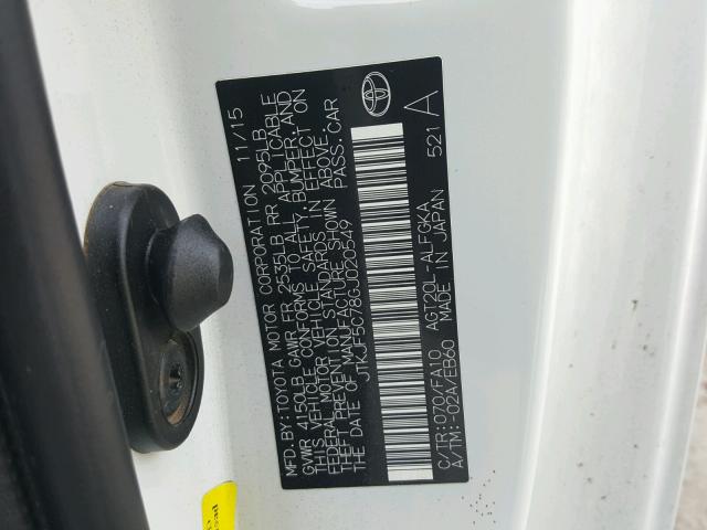 JTKJF5C78GJ020549 - 2016 TOYOTA SCION TC 白色 照片 10