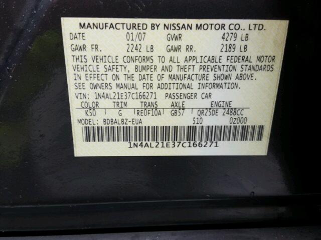 1N4AL21E37C166271 - 2007 NISSAN ALTIMA 2.5 GRAY photo 10