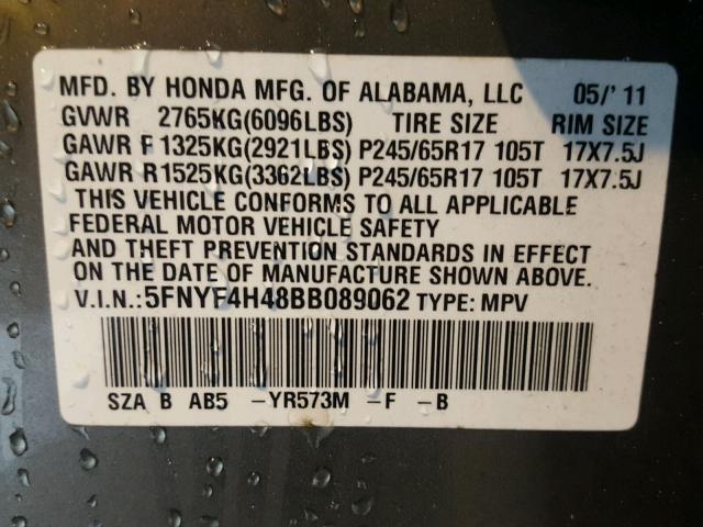 5FNYF4H48BB089062 - 2011 HONDA PILOT EX GRAY photo 10