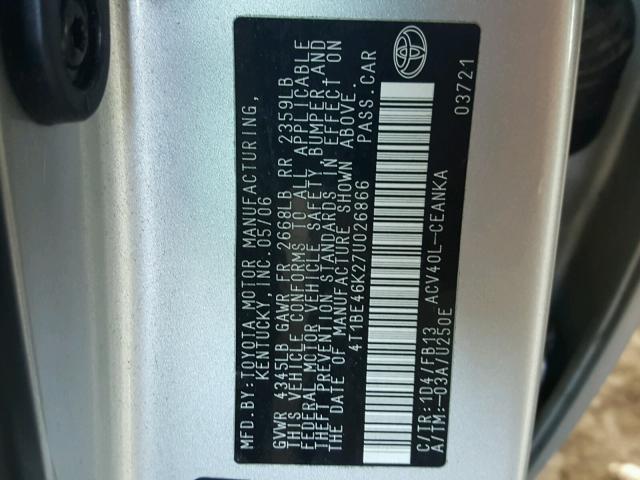 4T1BE46K27U026866 - 2007 TOYOTA CAMRY NEW SILVER photo 10