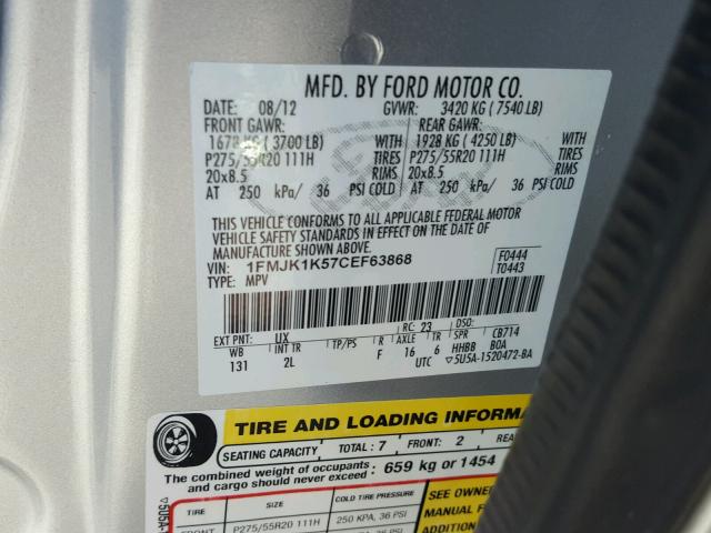 1FMJK1K57CEF63868 - 2012 FORD EXPEDITION SILVER photo 10