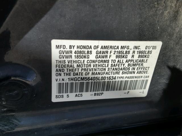 1HGCM56405L001634 - 2005 HONDA ACCORD LX BLACK photo 10