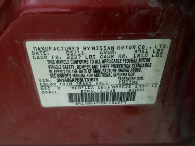 3N1AB6AP0BL731579 - 2011 NISSAN SENTRA 2.0 RED photo 10