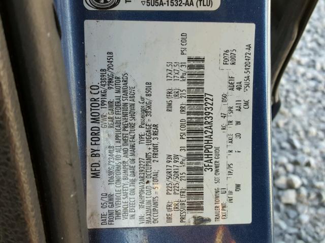 3FAHP0HA2AR393227 - 2010 FORD FUSION SE BLUE photo 10