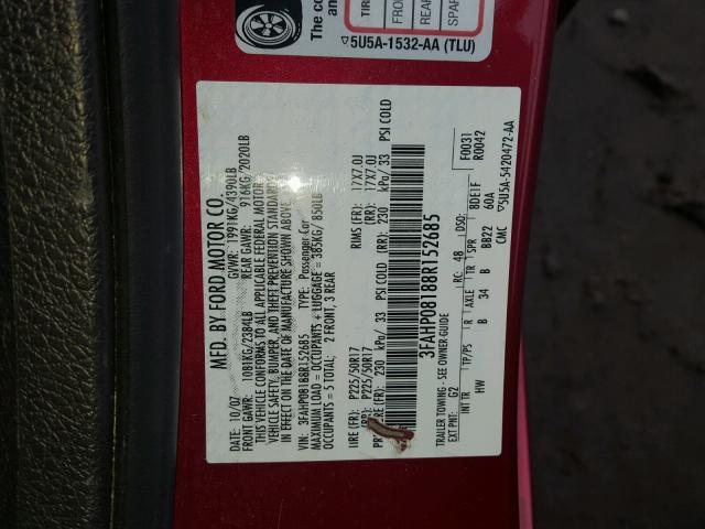 3FAHP08188R152685 - 2008 FORD FUSION SEL RED photo 10