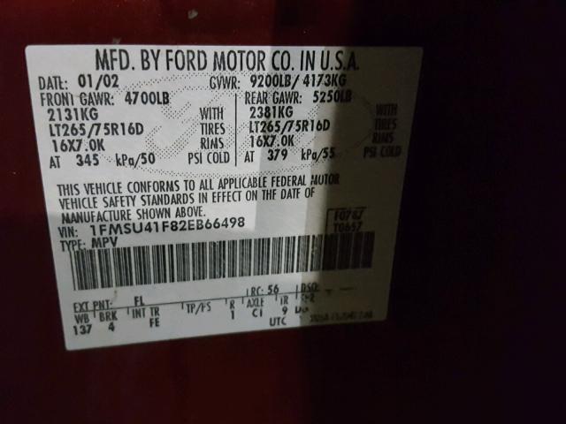 1FMSU41F82EB66498 - 2002 FORD EXCURSION MAROON photo 10