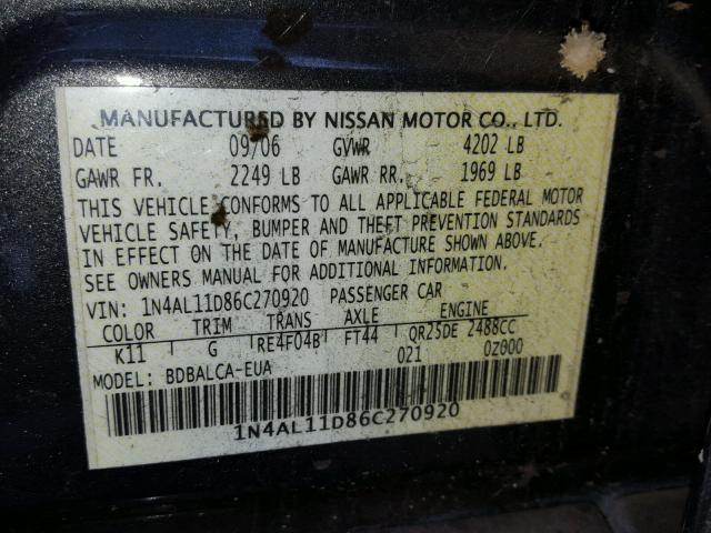 1N4AL11D86C270920 - 2006 NISSAN ALTIMA S GRAY photo 10