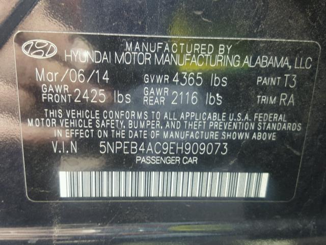 5NPEB4AC9EH909073 - 2014 HYUNDAI SONATA GLS CHARCOAL photo 10