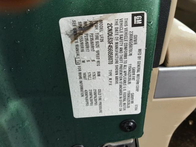 2CNDL63F456058070 - 2005 CHEVROLET EQUINOX LT GREEN photo 10