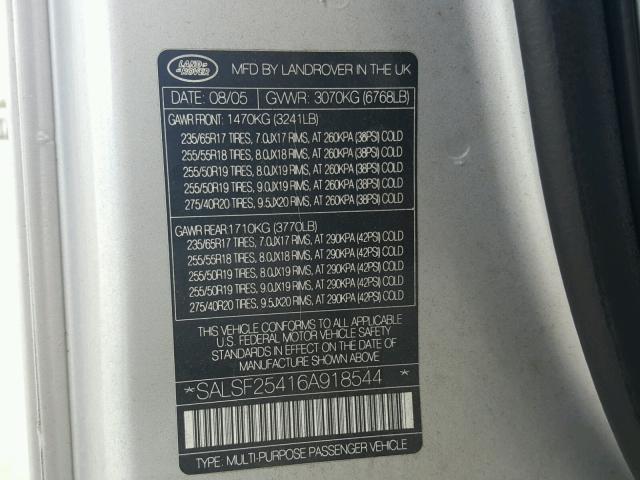 SALSF25416A918544 - 2006 LAND ROVER RANGE ROVE SILVER photo 10