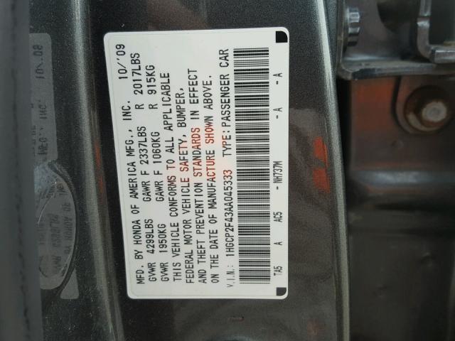 1HGCP2F43AA045333 - 2010 HONDA ACCORD LXP GRAY photo 10