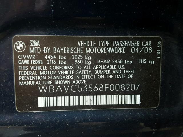 WBAVC53568F008207 - 2008 BMW 328 I SULE BLUE photo 10