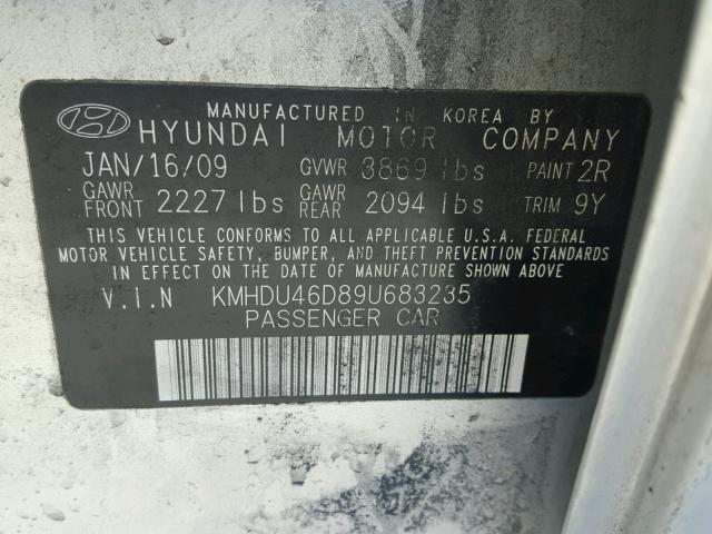 KMHDU46D89U683235 - 2009 HYUNDAI ELANTRA GL GRAY photo 10