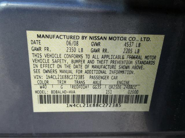 1N4CL21E88C272385 - 2008 NISSAN ALTIMA HYB GRAY photo 10