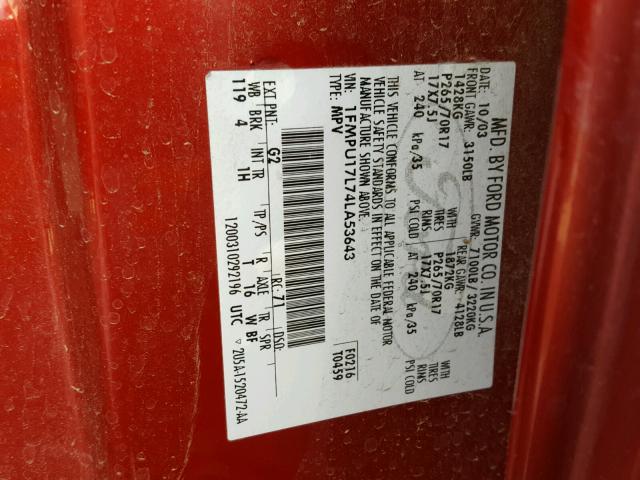 1FMPU17L74LA53643 - 2004 FORD EXPEDITION RED photo 10