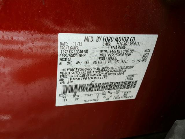 1FM5K7F91DGB61478 - 2013 FORD EXPLORER L RED photo 10