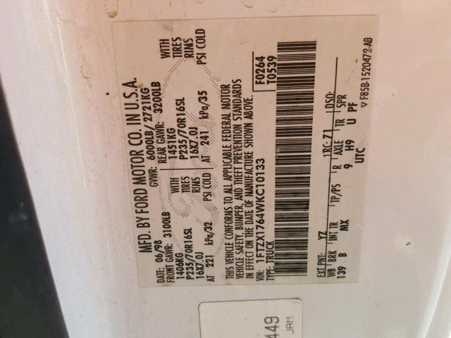 1FTZX1764WKC10133 - 1998 FORD F150 WHITE photo 10