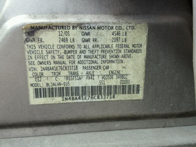 1N4BA41E76C833718 - 2006 NISSAN MAXIMA SE GOLD photo 10