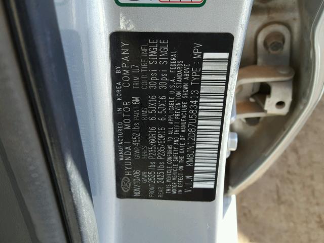 KM8JN12D87U583413 - 2007 HYUNDAI TUCSON SE SILVER photo 10