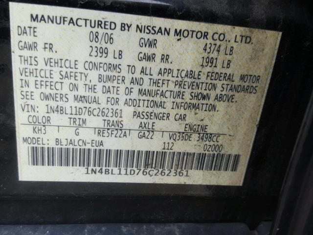 1N4BL11D76C262361 - 2006 NISSAN ALTIMA SE BLACK photo 10