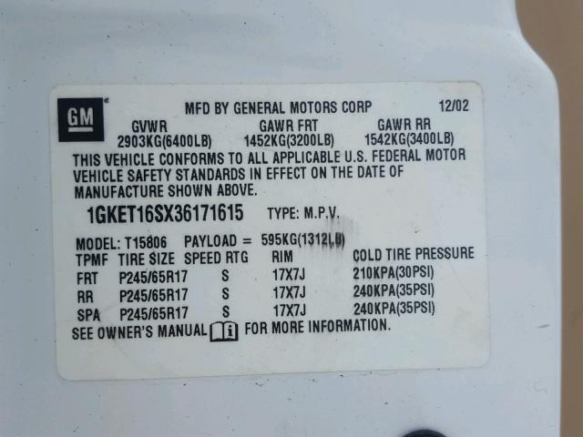 1GKET16SX36171615 - 2003 GMC ENVOY XL WHITE photo 10