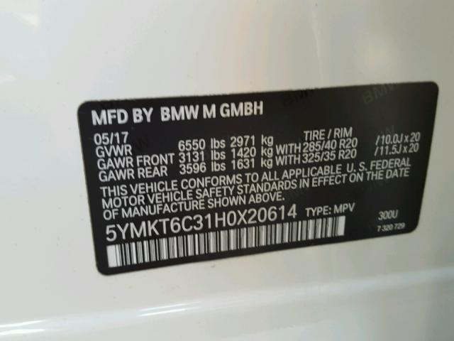 5YMKT6C31H0X20614 - 2017 BMW X5 M WHITE photo 10