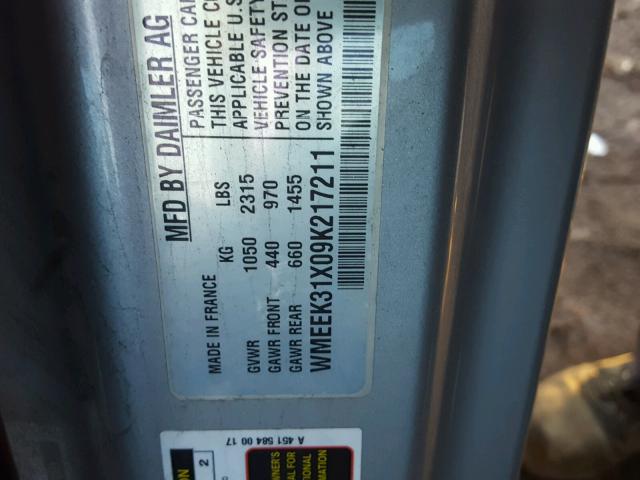 WMEEK31X09K217211 - 2009 SMART FORTWO PAS BLUE photo 10