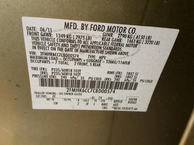 2FMHK6CC7CBD00574 - 2012 FORD FLEX SEL GOLD photo 10