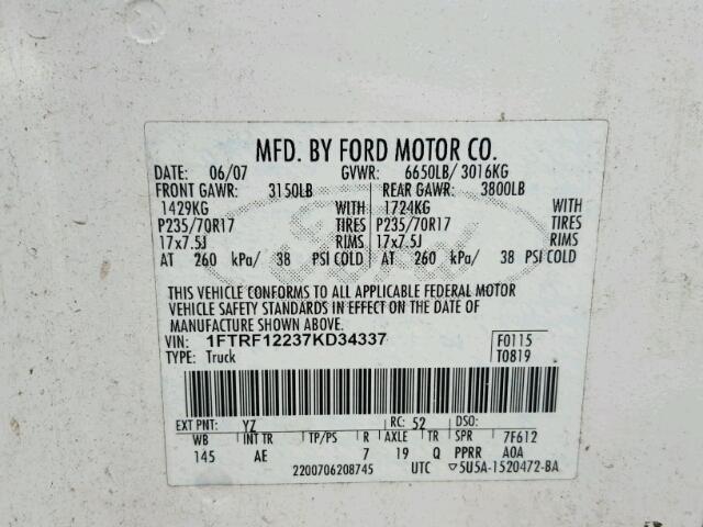 1FTRF12237KD34337 - 2007 FORD F150 WHITE photo 10