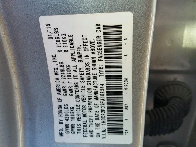 1HGCR2F37FA109544 - 2015 HONDA ACCORD LX SILVER photo 10