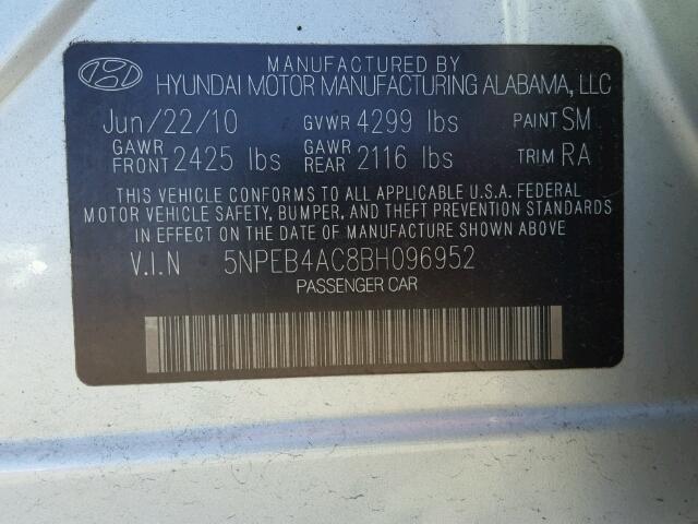 5NPEB4AC8BH096952 - 2011 HYUNDAI SONATA GLS SILVER photo 10