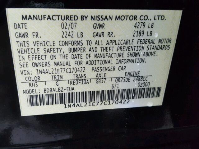 1N4AL21E77C170422 - 2007 NISSAN ALTIMA 2.5 BLACK photo 10