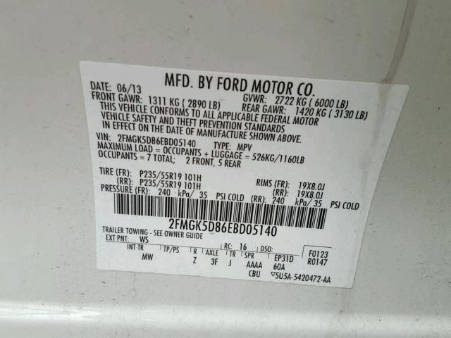 2FMGK5D86EBD05140 - 2014 FORD FLEX LIMIT WHITE photo 10