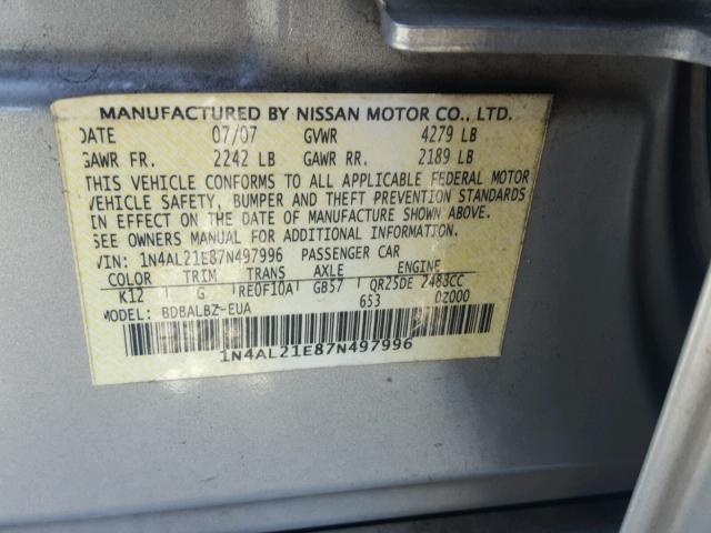 1N4AL21E87N497996 - 2007 NISSAN ALTIMA 2.5 SILVER photo 10