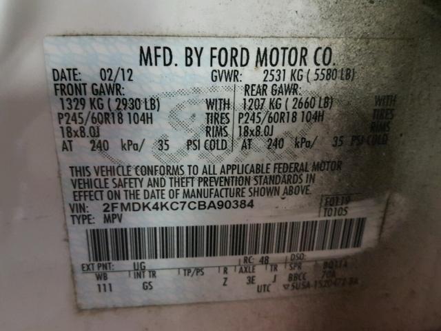 2FMDK4KC7CBA90384 - 2012 FORD EDGE LIMIT WHITE photo 10