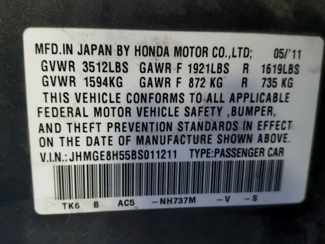 JHMGE8H55BS011211 - 2011 HONDA FIT SPORT GRAY photo 10