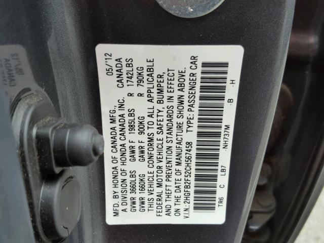 2HGFB2F52CH567458 - 2012 HONDA CIVIC LX GRAY photo 10